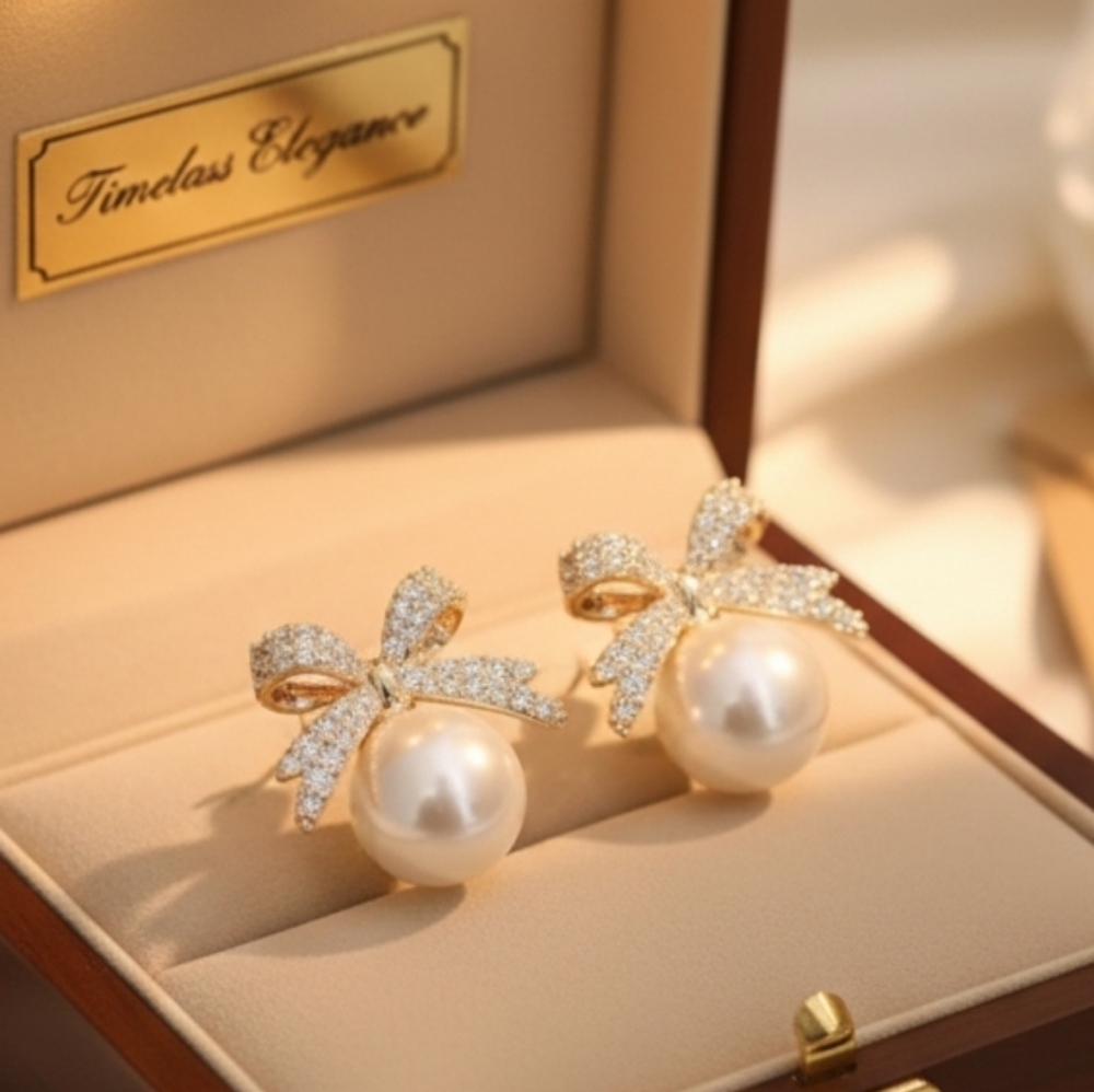 14K Gold Pearl Bow Earrings